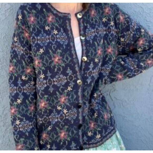 Talbots Silk Blend Cardigan Womens XL Navy Floral Button Up Grandma Cottagecore‎ - Picture 1 of 6